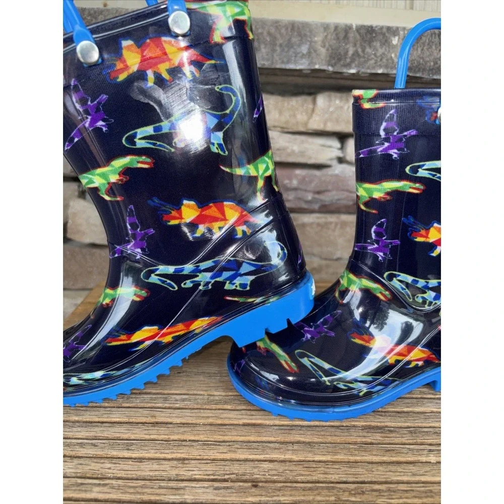 Zoogs Toddler Pull On Handle Rain Boots Dinosaur Print Blue Size 8